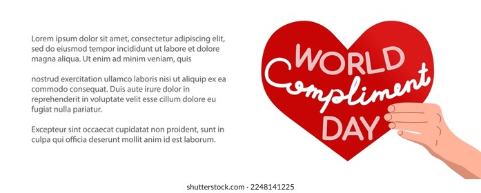 Word Compliment day vector background with red heart. Heart with inscription in hand. Poster template with copy space for text. 