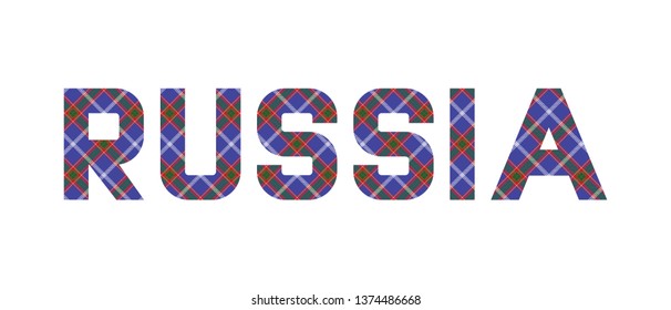 The word «Russia» composed of letters from the diagonal official Russian tartan. Transparent background.