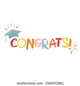 Word congrats lettering vector concept without background. Graduate cap thrown up. Congratulation graduates 2023 class. Flat cartoon design of greeting, web banner, invitation card, prints