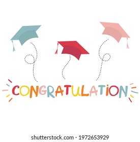 The word congratulation. Vector lettering concept without background. Graduate caps thrown up. Congratulation to class of 2023 graduates. Flat cartoon greeting design, web banner, invitation card