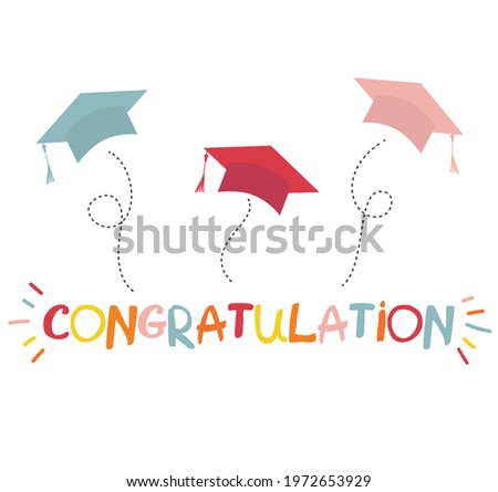 The word congratulation. Vector lettering concept without background. Graduate caps thrown up. Congratulation to class of 2025 graduates. Flat cartoon greeting design, web banner, invitation card