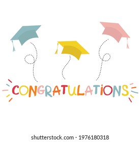 Word congratulations lettering vector concept without background. Graduate cap thrown up. Congrats graduates 2023 class. Flat cartoon design of greeting, web banner, invitation card, prints