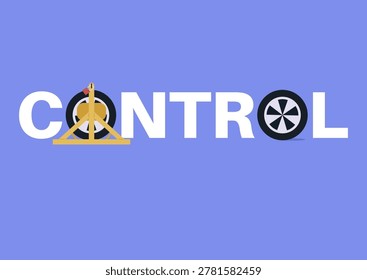 The word CONTROL illustrated through car wheel clamps: one O spins freely as a wheel, while the other is locked with a parking boot, symbolizing restriction, authority, and control.