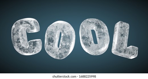 The word COOL made from realistic frozen ice, isolated on dark blue background, 3d illustration
