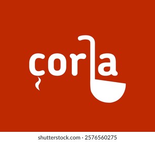 The word "corba" designed with creative typography featuring a ladle and steam figures on a red background. A playful design representing food, soup, and kitchen themes