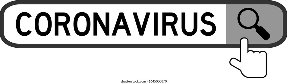 Word Coronavirus (code COVID-19) in search box with hand icon over magnifier on white background