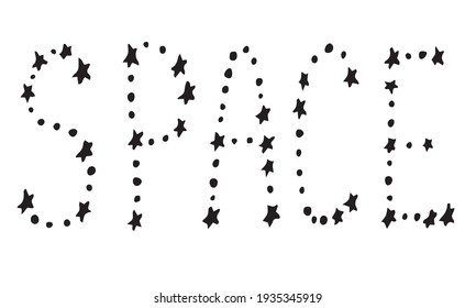 The word Cosmos is stylized as a constellation. Text with stars. Handwritten signature. Vector illustration