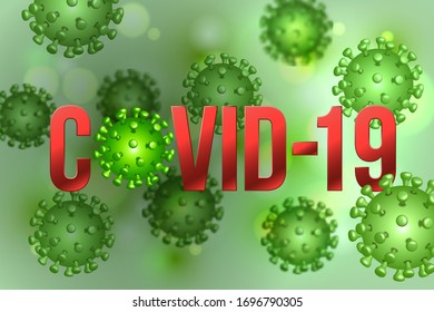 The word COVID-19 with Coronavirus icon and Virus background with disease cells. COVID-19 Corona virus outbreaking and Pandemic medical health risk concept. Vector illustration