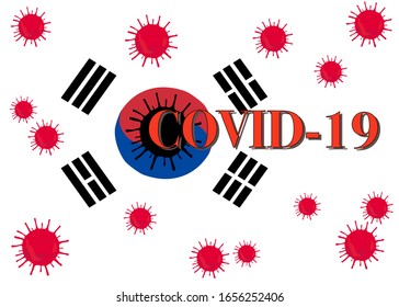 A word COVID-19 with viruses floating all around. It’s stand for Corona Virus Disease 2019. There’s a Korea flag as a background.