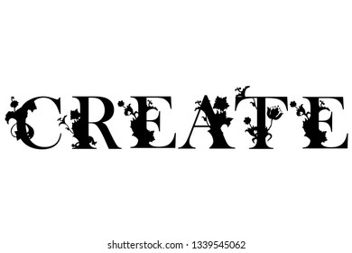 Word Create with flourish pattern. Floral decor. Template for cutting and wood carving. Laser cut. Paper cut. Vector illustration