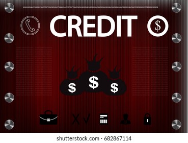 word "credit"on a red background. 2d illustration