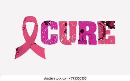 The word CURE concept printed in letterpress hand stamped colorful grunge paint and ink. Vector EPS 10 available.