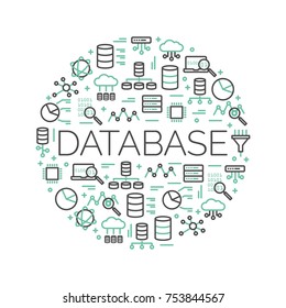 The word Database surrounded by icons of big data, cloud computing, server, networkâ?¦ Vector background illustration.