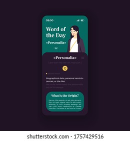 Word of the day trivia smartphone interface vector template. Mobile app page green and blue design layout. Language learning screen. Flat UI for application. Word origin. Phone display