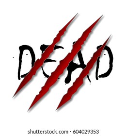 Word "Dead" in a claw scratch mark. Bear or tiger paw claw scratch bloody trace. Shredded paper. Blood isolated on white background. Horror scary blood vector