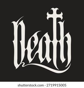 La palabra muerte escrita en fuente gótica con una cruz invertida en una estética medieval. Arte conceptual, tatuaje, portada de álbum, diseño de camiseta. Sin ayuda