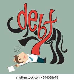 The word debt in the shape of an elephant to step on businessman, vector illustration cartoon