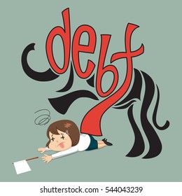 The word debt in the shape of an elephant to step on businesswoman, vector illustration cartoon