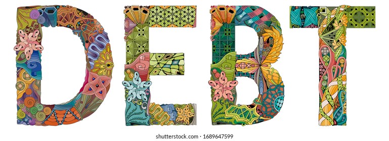 Word DEBT. Vector zentangle object for decoration