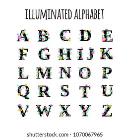 Word decorated by flowers. Floral word or text. Illuminated decorative letters. Vector illustratiom isolated on white. Serif. 