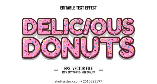 La palabra DELICIOUS DONUTS se hace con la ilustración rosada de la rosquilla en el fondo blanco, diseño de la Ilustración vectorial.