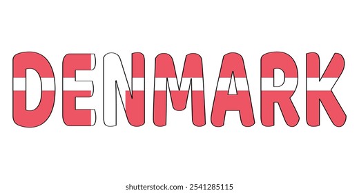 The word DENMARK is displayed in large, bold letters. Each letter is filled with the colors of the Danish flag.