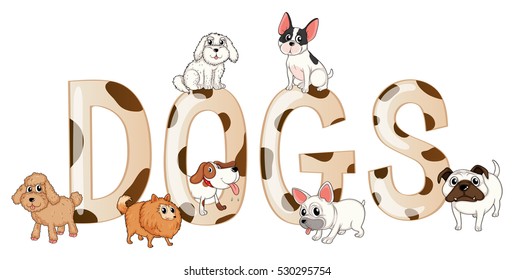 Word design with cute dogs illustration