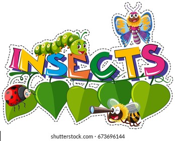 Word design for insects with many insects on leaves illustration