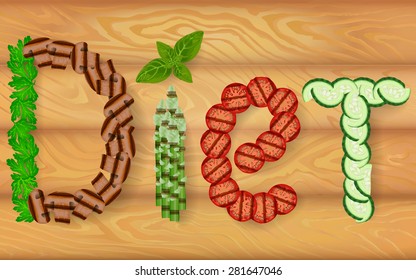 Word diet made from vegetables on the wooden texture. Vector image can be used for posters and print cards design about health and diets.