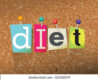 The word "DIET" written in cut letters and pinned to a cork bulletin board illustration. Vector EPS 10 available.