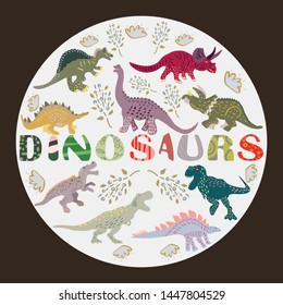 Word dinosaurs with dinosaur characters in round shape on black background. Greeting card, poster design element. Vector