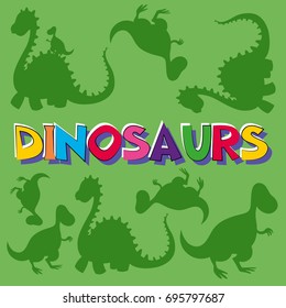 Word dinosaurs with many dinosaurs in background illustration