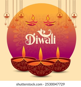 the word Diwali in a vibrant stylized font with decorative elements A diya is below the word a star hangs above and a mandala design is in the cream background conveying joy and celebration