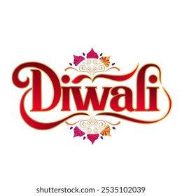 A palavra Diwali escrito em uma fonte decorativa com elementos florais coloridos em torno dele É provável que seja um logotipo ou elemento de design relacionado ao festival de Diwali