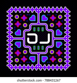 The word "DJ" in a stylized frame, consisting of geometric elements.