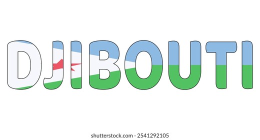 The word DJIBOUTI is displayed in large, bold letters. Each letter is filled with the colors of the Djiboutian flag.