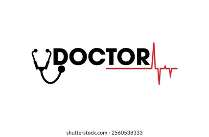 The word "Doctor" designed with a stethoscope and a red heartbeat line on a white background, symbolizing healthcare, medical professions, and heart health.