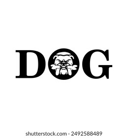 The word DOG with a dog logo in the center. Minimalist black and white logo illustration for business, company, clinic, education, poster, banner, symbol, sticker, tattoo, web, internet, social media