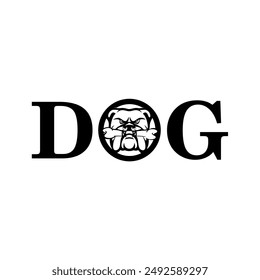 The word DOG with a dog logo in the center. Minimalist black and white logo illustration for business, company, clinic, education, poster, banner, symbol, sticker, tattoo, web, internet, social media