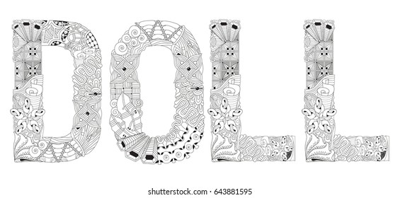 Word DOLL for coloring. Vector decorative zentangle object