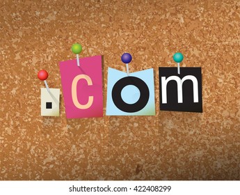 The word "DOT COM" written in cut letters and pinned to a cork bulletin board illustration. Vector EPS 10 available.