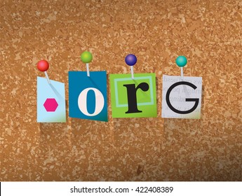 The word "DOT ORG" written in cut letters and pinned to a cork bulletin board illustration. Vector EPS 10 available.
