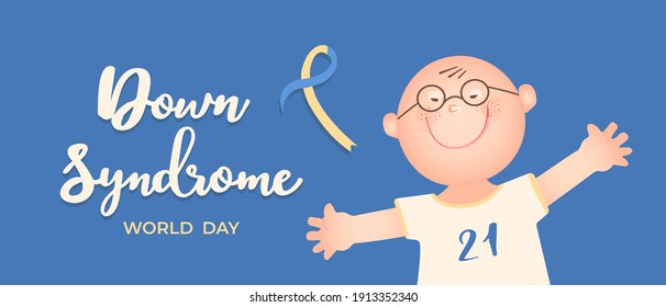 Word Down Syndrome Day on March 21. Happy boy with down syndrome wearing glasses. Awareness ribbon. Hand drawn calligraphic lettering. Trisomy 21, genetic disorder concept. Vector illustration.