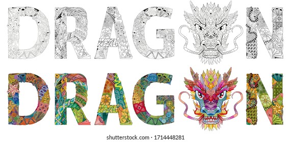 Word DRAGON with dragon head. Vector zentangle object for decoration. Clolr and outline set
