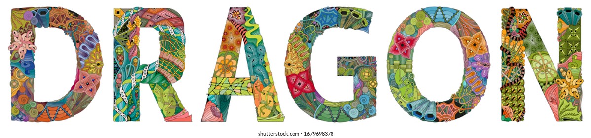 Word DRAGON. Vector zentangle object for decoration