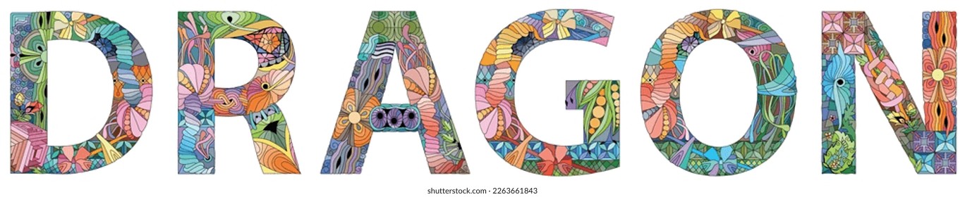 Word DRAGON. Vector zentangle object for decoration