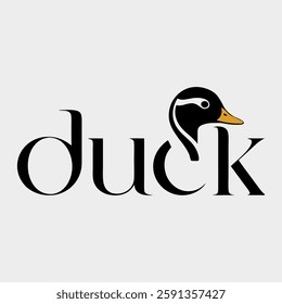 The word duck in a stylish font with the head of a duck and yellow beak