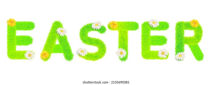 Word Easter made of fur, fluffy decoration, flowers daisey, dandelion. Typography, text, texture, green letters, vector, isolated illustration