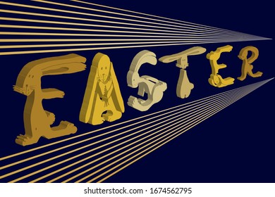 Word  Easter on dark blue background with golden line ornament. The letters 3 d art hand drawn bunny figures in various poses. Golden hare letters. Retro, vintage, cartoon style. Vector illustration