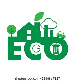 The word eco combine with green home, car and industry icons. Eco typographic design vector illustration.